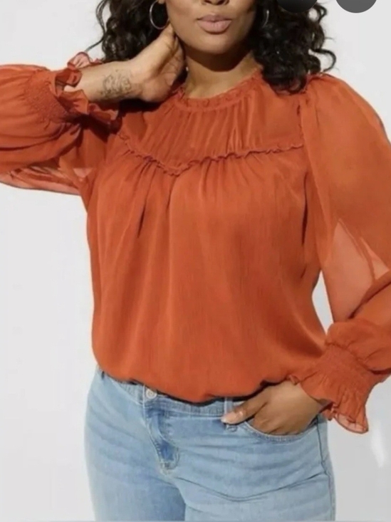 torrid Tops - torrid Rust Orange Sheer Ruffle Yoke Blouse